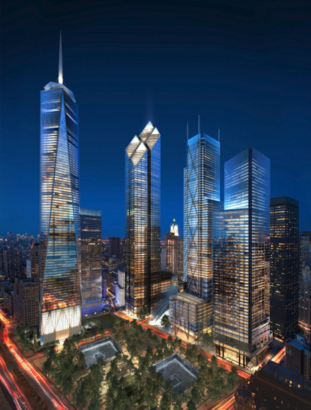 Obr. 2. Původní vizualizace kancelářských mrakodrapů WTC (září 2006), zdroj: Silverstein Properties 